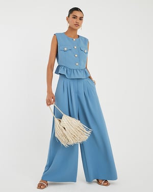 River Island Womens Wide Leg Trousers Blue Pleated Zip
