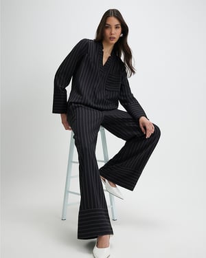 River Island Womens Wide Leg Trousers Black Striped Turned Up Hem