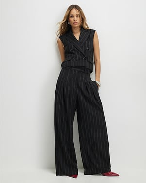 River Island Womens Wide Leg Trousers Black Pinstripe