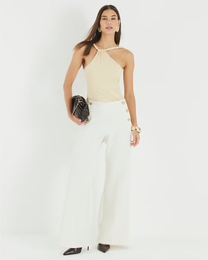 River Island Womens Wide Leg Trousers Cream Button Front
