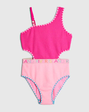 River Island Girls Swimsuit Pink Textured Asymmetric Swimwear