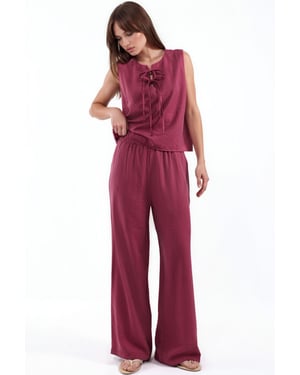 Viscose Blend Blouse with Tie Detail & Elastic Waist Pants Set