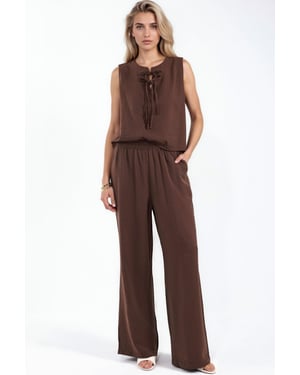Viscose Blend Blouse with Tie Detail & Elastic Waist Pants Set