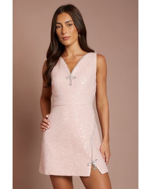 Diamante Bow Detail V Neck Mini Dress