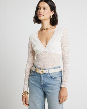 River Island Womens Bodysuit White Plunge Lace Long Sleeve