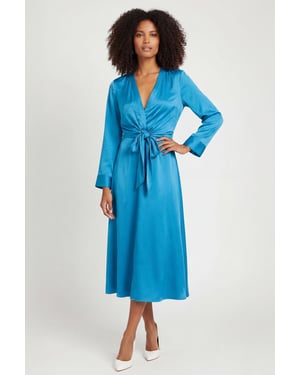 Turquoise Silky Long Sleeve Knot Front Dress