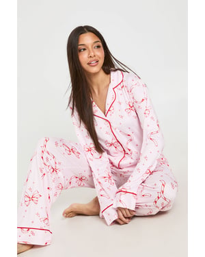 Bow Print Print Piping Detail Long Sleeve & Trouser Pyjama Set