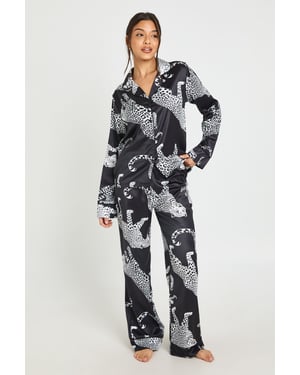 Satin Leopard Print Piping Detail Long Sleeve & Trouser Pyjama Set