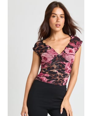 Animal Floral Mesh Ruched Neckline Bodysuit