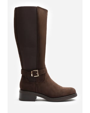 Wheres That From Womens Journi Stretch Knee High Riding Boots with Side Buckle Strap In Dark Brown Suede