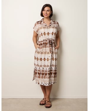 Drawstring Printed Midi Shirt Dress