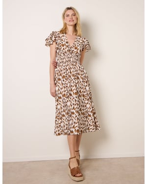 Printed V Neck Frill Sleeve Midi Dress