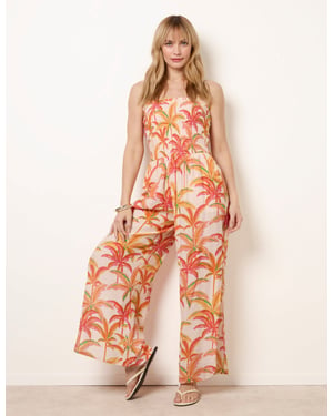 Side Split Flare Leg Tropical Jumpsuit