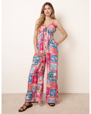 Tie Front Jumpsuit In Postcard Print