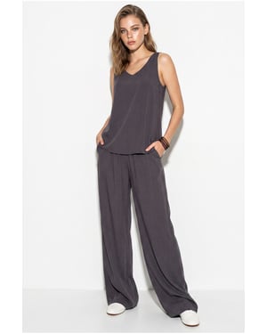 V-hals Katoenen Blouse-Broek Twee-Piece Set