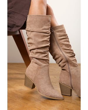 Wheres That From Womens Drelia Ruched Western Knee High Boot In Camel Suede