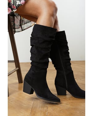 Wheres That From Womens Drelia Ruched Western Knee High Boot In Black Suede