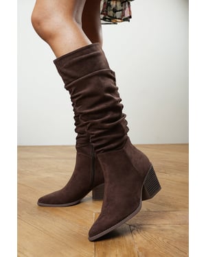 Wheres That From Womens Drelia Ruched Western Knee High Boot In Dark Brown Suede
