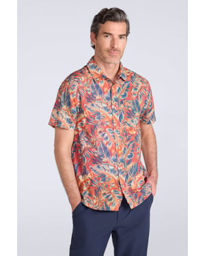 Tropical Printed Men's Short Sleeve Shirt 100% Cotton Chest Pocket Holiday Top Orange