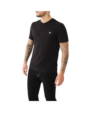 True Religion 108426 Mens Henley T Shirt Short Sleeve Logo Placket Cotton Tee