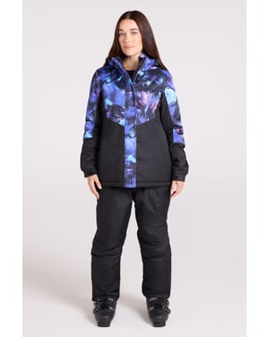 Women's Patterned Ski Jacket and Pants Set Padded Hooded Snowproof Winter Outfit Medium Blue
