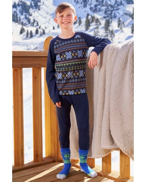 'Jacquard' Kids Unisex Merino Base Layer Set Quick Wicking Hiking Top & Pant Dark Blue