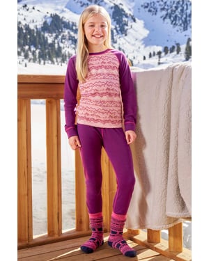 'Jacquard' Kids Unisex Merino Base Layer Set Quick Wicking Hiking Top & Pant Dusty Pink