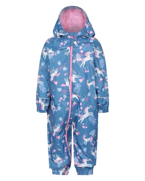 'Puddle' Kids Printed Waterproof Rain Suit Hooded Toddler All in One Coverall Purple