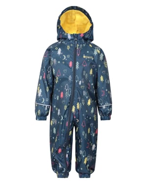 'Spright' Kids Waterproof Printed Rain Suit Warm Fleece Lined Hooded Coverall Navy