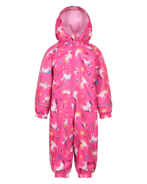 'Spright' Kids Waterproof Printed Rain Suit Warm Fleece Lined Hooded Coverall Pink