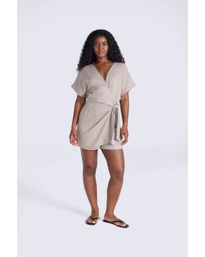 Women's Linen Wrap Playsuit with Elastic Waistband Comfy Jumpsuit