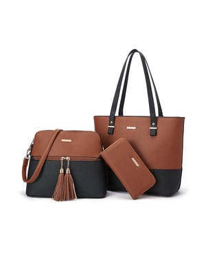Women’s 3 Piece Handbag Set, Tote Crossbody Bag Purse in Black Brown