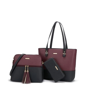 Women’s 3 Piece Handbag Set, Tote Crossbody Bag Purse in Burgundy Black