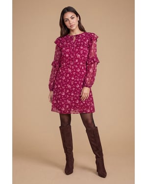 Petite Berry Ditsy Patchwork Frill Yoke Printed Chiffon Mini Dress