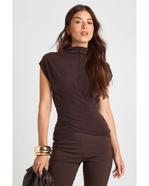 High Neck Cap Sleeve Waist Detail Top