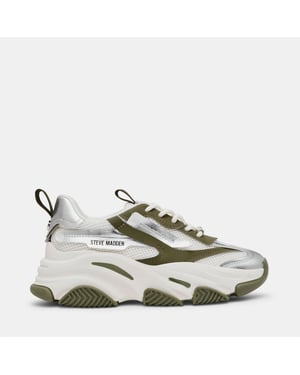 Women's Steve Madden Possession E Lace Up Platform Sneakers in Olive / Silver