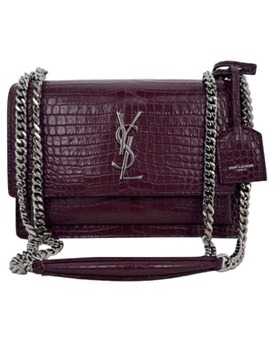 Saint Laurent Medium Sunset Croc-präglad axelväska i vinrött läder
