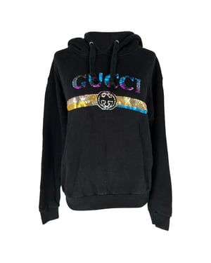 Gucci Sequined Logo Hooded Sweatshirt in Black Cotton