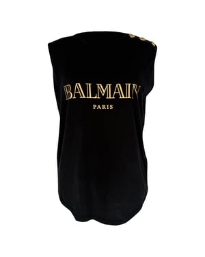 Balmain Gold Logo Sleeveless Top in Black Cotton