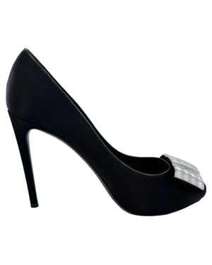 Louis Vuitton Crystal-Embellished Peep-Toe Pumps in Black Satin