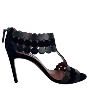 Alaïa Scalloped T-Strap Sandal Heels in Black Suede