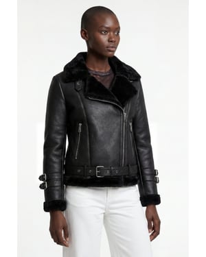 Ines Faux-Shearling Biker Jacket Black