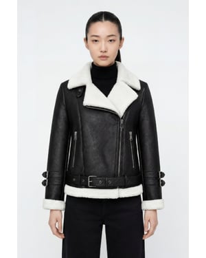 Ines Faux-Shearling Biker Jacket Black/White