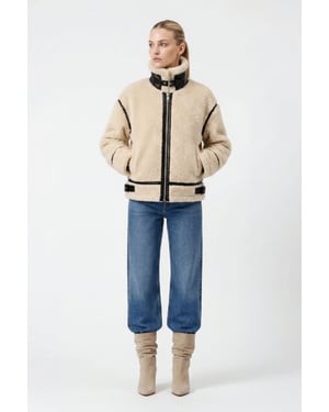 Delia Cropped Faux-Shearling Aviator Jacket beige