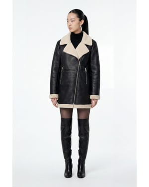 Keira Longline Faux-Shearling Biker Coat Black