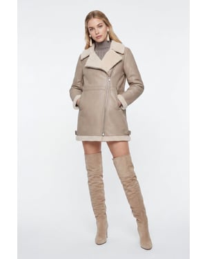 Keira Longline Faux-Shearling Biker Coat Beige