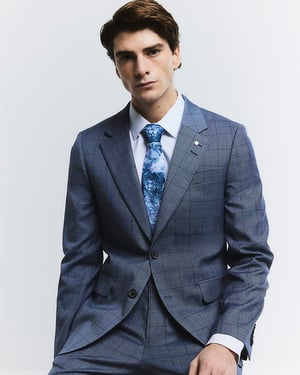 River Island Mens Suit Jacket Blue Check Skinny Collared