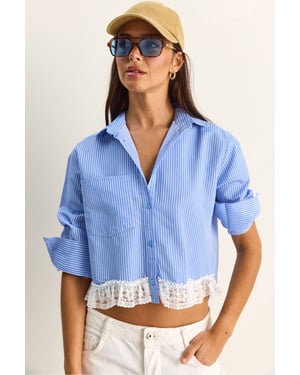 Gestreepte Korte Knop-Voorkant Shirt