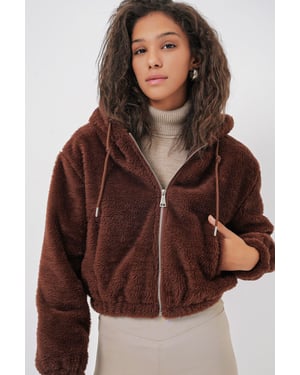 Crop Plush Dragkedje-Hoodie
