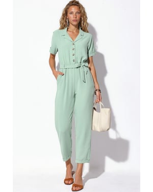 Effen Geweven Jumpsuit met Kraag en Strikdetail